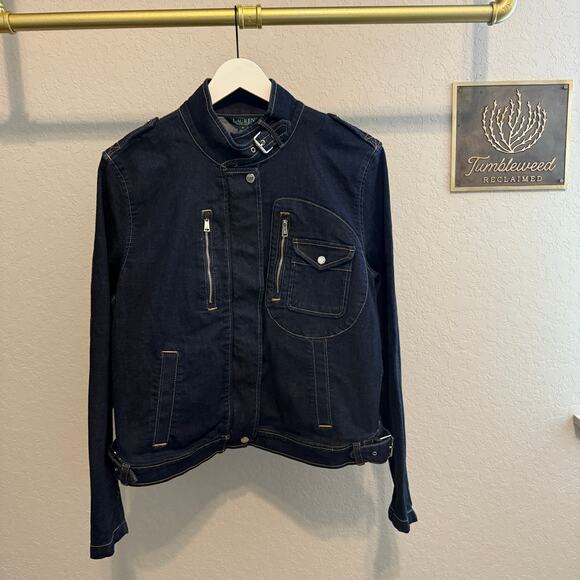 Lauren Ralph Lauren Denim Blue Jean Snap and Zip Motorcycle Jacket Size 16. NEW - Picture 10 of 10